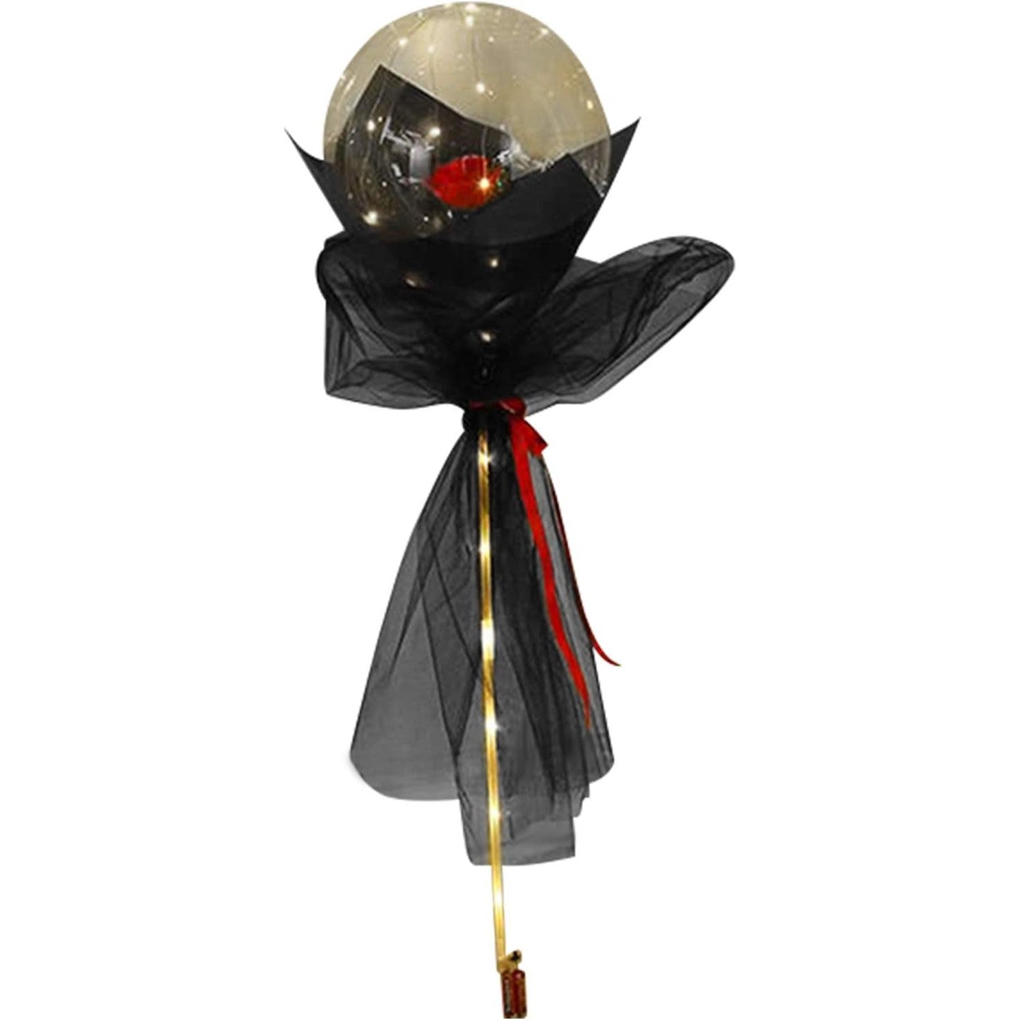 Buchet Decorativ, Flippy, Trandafir in Balon cu Lumini Led, Diametru 35 cm, 2 x Baterii AA (neincluse), Rosu/Negru-0