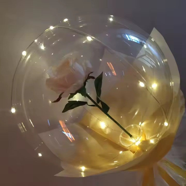 Buchet Decorativ, Flippy, Trandafir in Balon cu Lumini Led, Diametru 35 cm, 2 x Baterii AA (neincluse), Sampanie-3