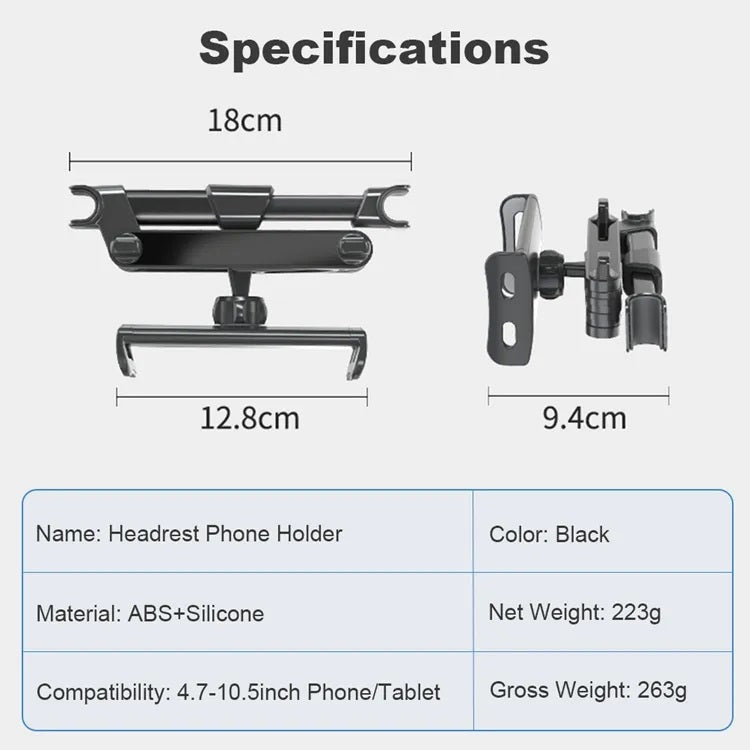 Suport auto pentru telefon si tableta, DSJ, montare pe tetiera, rotire 360°, ajustabil 110-190mm, ABS