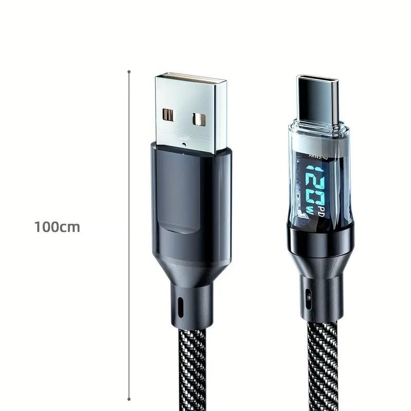 Cablu de Date Type C + USB, Flippy, Încarcare Super Rapida, 120 W, Afișaj Digital LED, 1 m, Negru-2