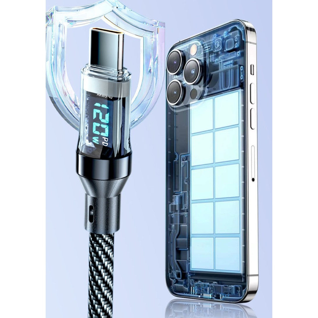 Cablu de Date Type C + USB, Flippy, Încarcare Super Rapida, 120 W, Afișaj Digital LED, 1 m, Negru-5