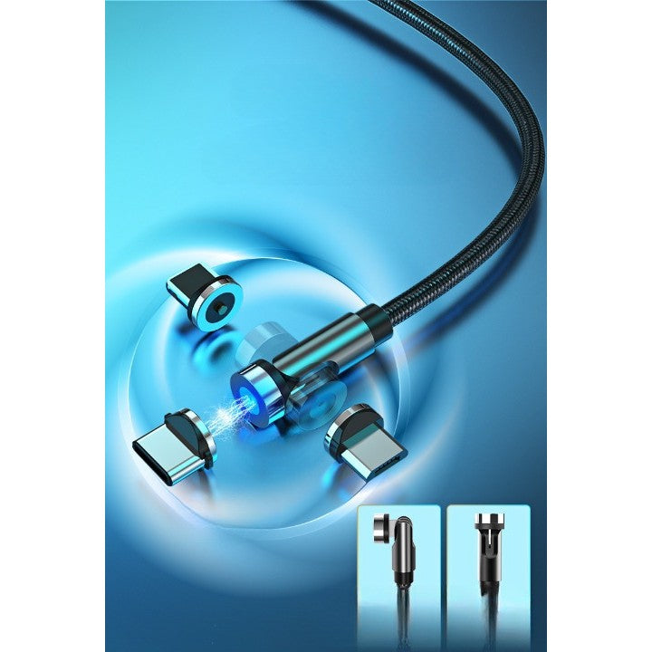 Cablu de incarcare magnetic 3 in 1 360 grade + 180 grade, 1 m, micro, type C, iPhone,  5 V, 2.1 A, Negru-1