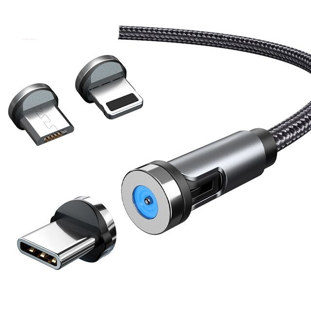 Cablu de incarcare magnetic 3 in 1 360 grade + 180 grade, 1 m, micro, type C, iPhone,  5 V, 2.1 A, Negru-0