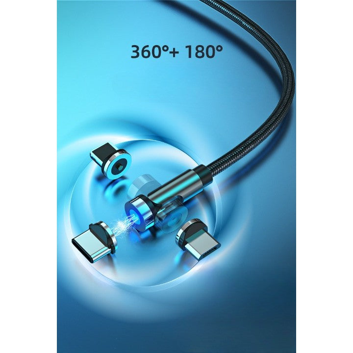 Cablu de incarcare magnetic 3 in 1 360 grade + 180 grade, 2 m, micro, type C, iPhone,  5 V, 2.1 A, Negru-1