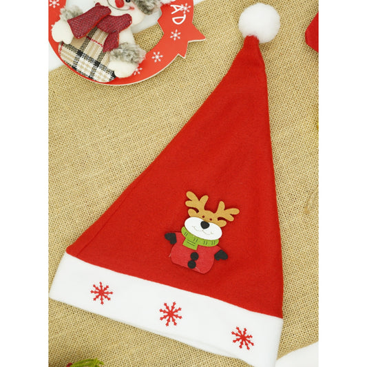 Caciulita de Mos Craciun, Flippy,cu model de Ren si ornament fulg de nea, rosie, marime universala, material textil-1