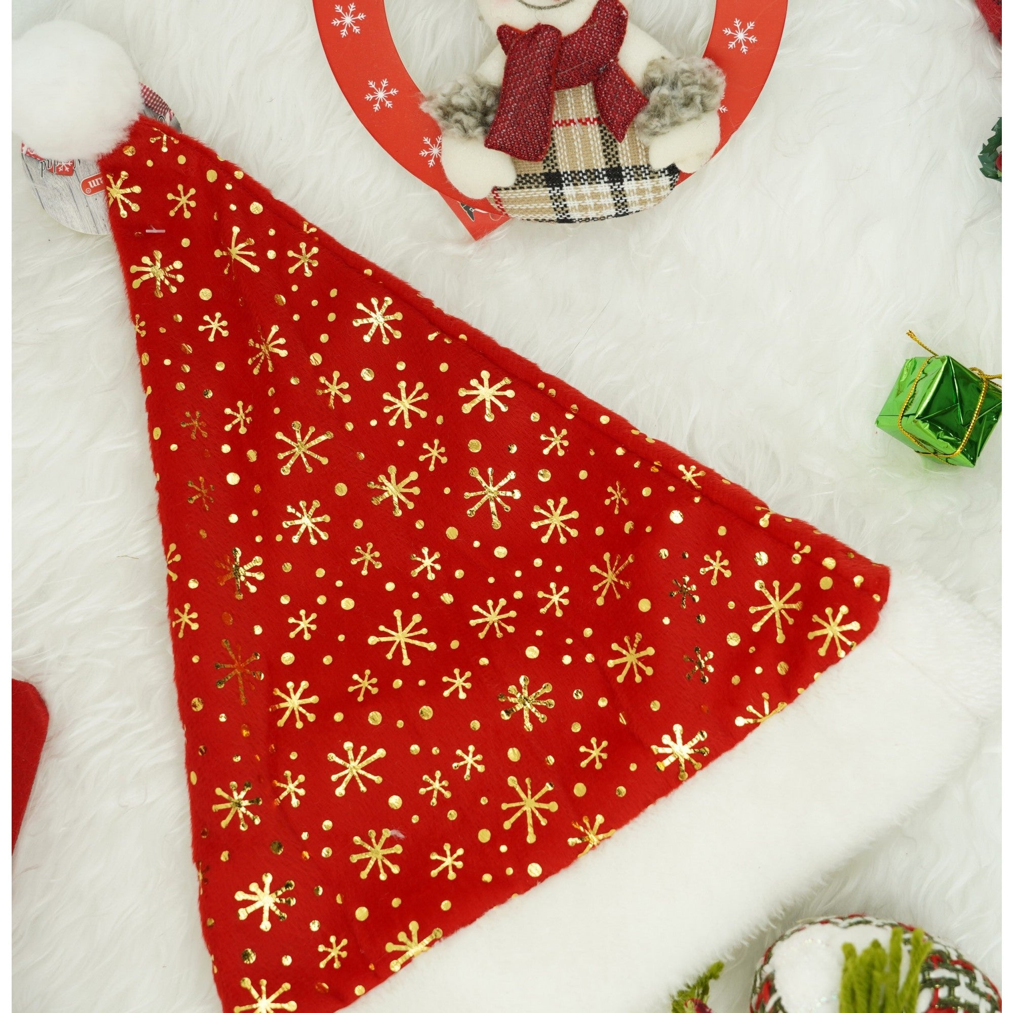Caciulita de Mos Craciun, Flippy,cu ornament auriu fulg de nea, rosie, marime universala, material textil-2