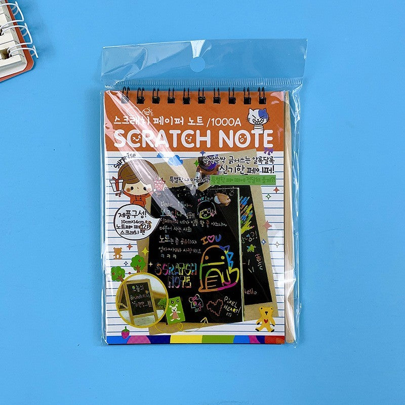 Caiet cu fise razuibile Flippy, DIY Magic Scratch, 12 File, Curcubeu, Creion din Lemn, Cartonase negre, 14.5 x 10 cm, portocaliu-1