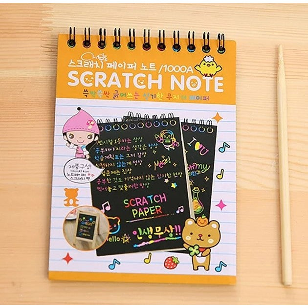 Caiet cu fise razuibile Flippy, DIY Magic Scratch, 12 File, Curcubeu, Creion din Lemn, Cartonase negre, 14.5 x 10 cm, portocaliu-7