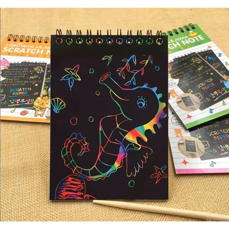 Caiet cu fise razuibile Flippy, DIY Magic Scratch, 12 File, Curcubeu, Creion din Lemn, Cartonase negre, 14.5 x 10 cm, portocaliu-9