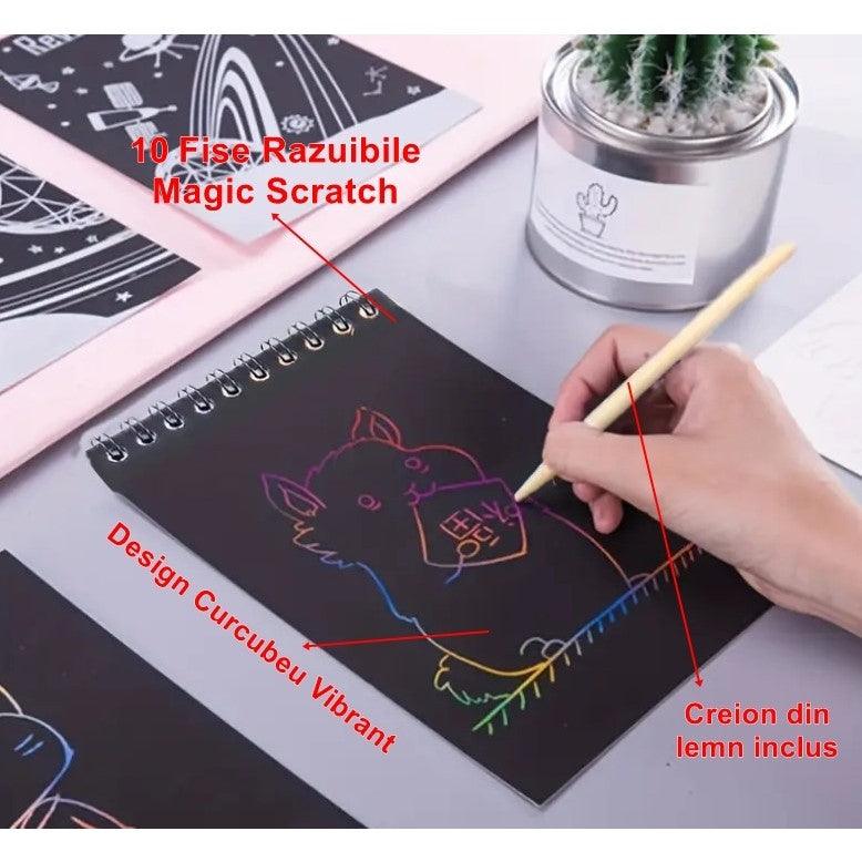 Caiet cu fise razuibile Flippy, DIY Magic Scratch, 12 File, Curcubeu, Creion din Lemn, Cartonase negre, 14 x 10 cm, albastru-2
