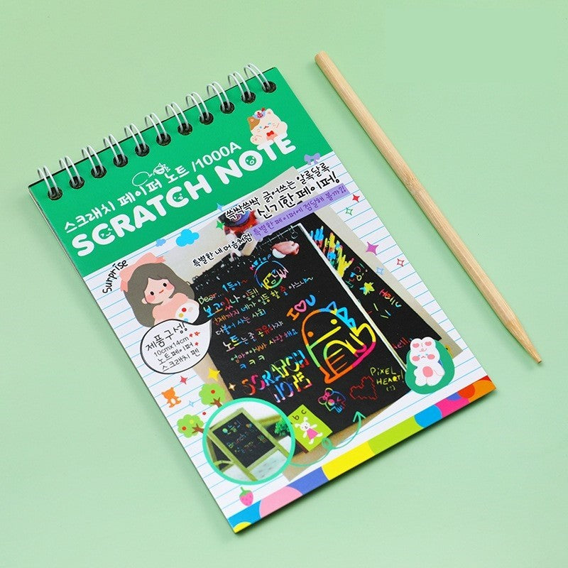 Caiet cu fise razuibile Flippy, DIY Magic Scratch, 12 File, Curcubeu, Creion din Lemn, Cartonase negre, 14.2 x 9.8 cm, Verde-3