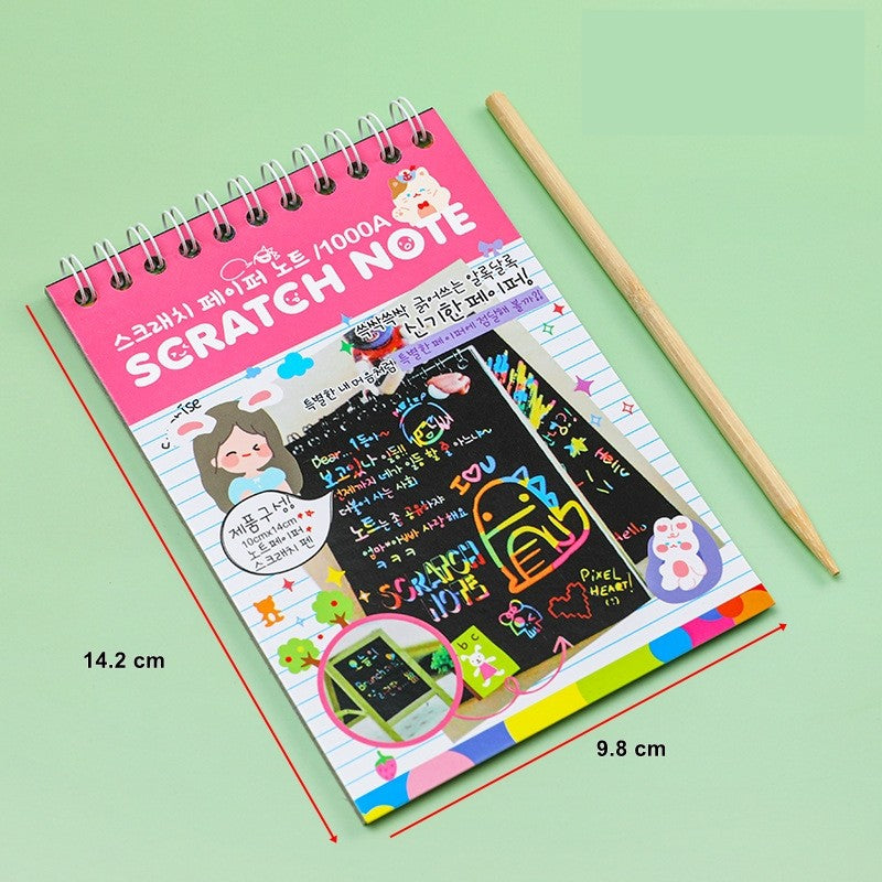 Caiet cu fise razuibile Flippy, DIY Magic Scratch, 12 File, Curcubeu, Creion din Lemn, Cartonase negre, 14.2 x 9.8 cm, Roz deschis-1