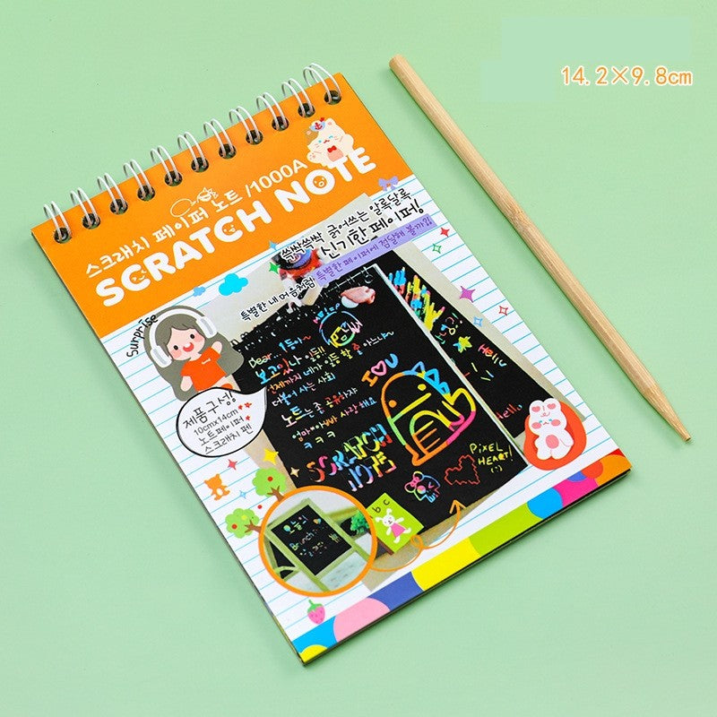 Caiet cu fise razuibile Flippy, DIY Magic Scratch, 12 File, Curcubeu, Creion din Lemn, Cartonase negre, 14.2 x 9.8 cm, Portocaliu-1