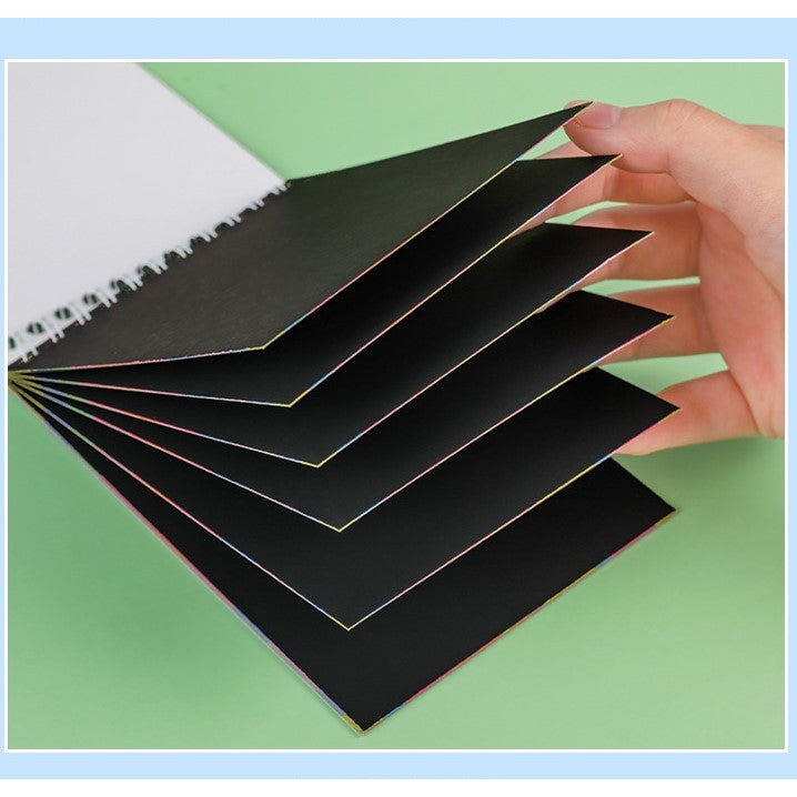 Caiet cu fise razuibile Flippy, DIY Magic Scratch, 12 File, Curcubeu, Creion din Lemn, Cartonase negre, 14.2 x 9.8 cm, Portocaliu-3