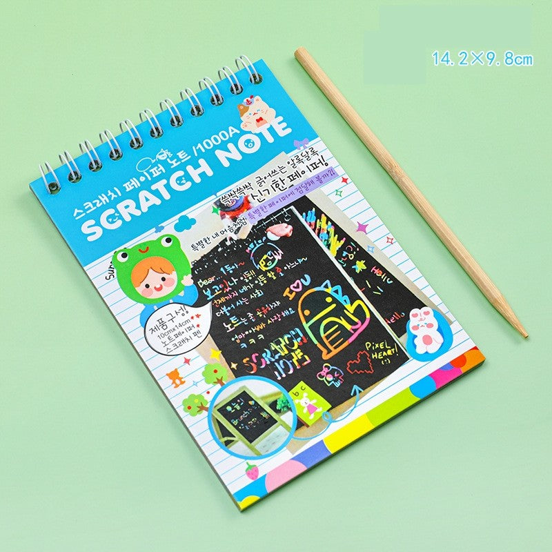 Caiet cu fise razuibile Flippy, DIY Magic Scratch, 12 File, Curcubeu, Creion din Lemn, Cartonase negre, 14.2 x 9.8 cm, Baby Blue-1