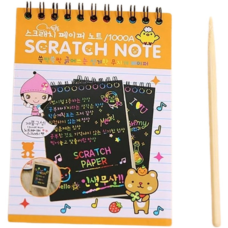 Caiet cu fise razuibile Flippy, DIY Magic Scratch, 12 File, Curcubeu, Creion din Lemn, Cartonase negre, 14.5 x 10 cm, portocaliu-0