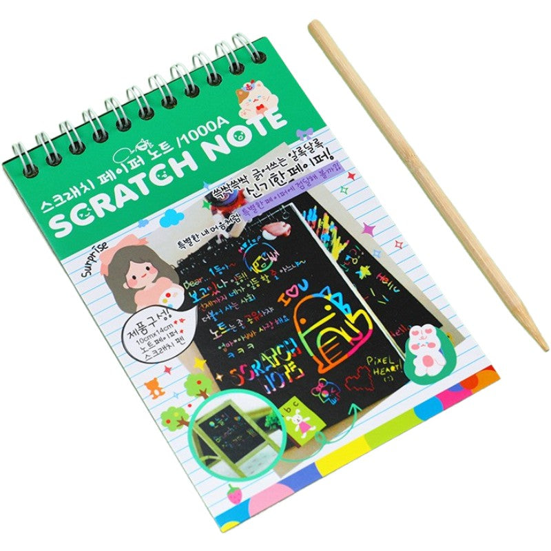 Caiet cu fise razuibile Flippy, DIY Magic Scratch, 12 File, Curcubeu, Creion din Lemn, Cartonase negre, 14.2 x 9.8 cm, verde deschis-0