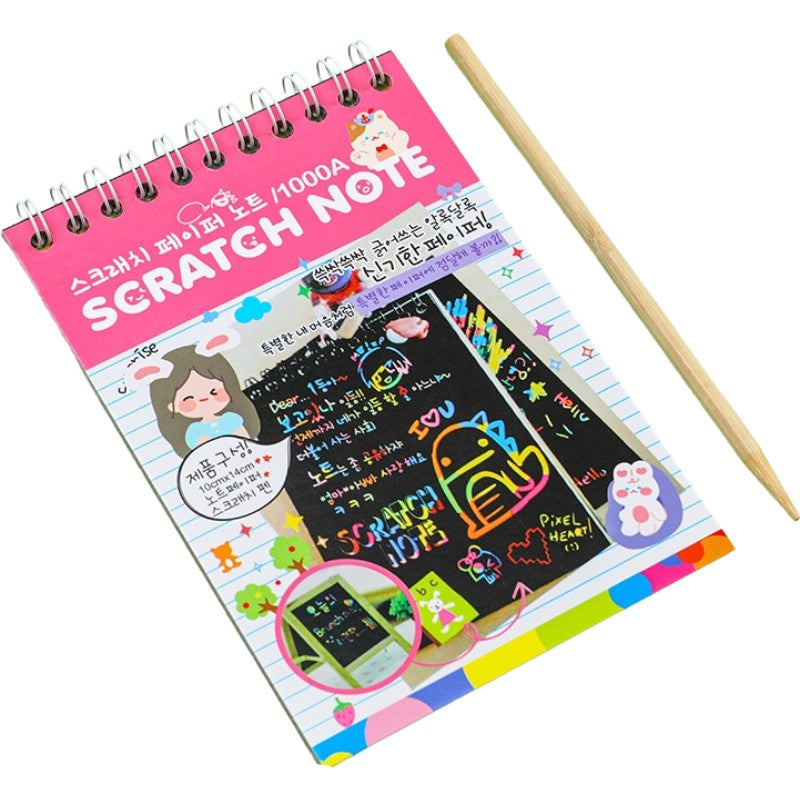 Caiet cu fise razuibile Flippy, DIY Magic Scratch, 12 File, Curcubeu, Creion din Lemn, Cartonase negre, 14.2 x 9.8 cm, Roz deschis-0
