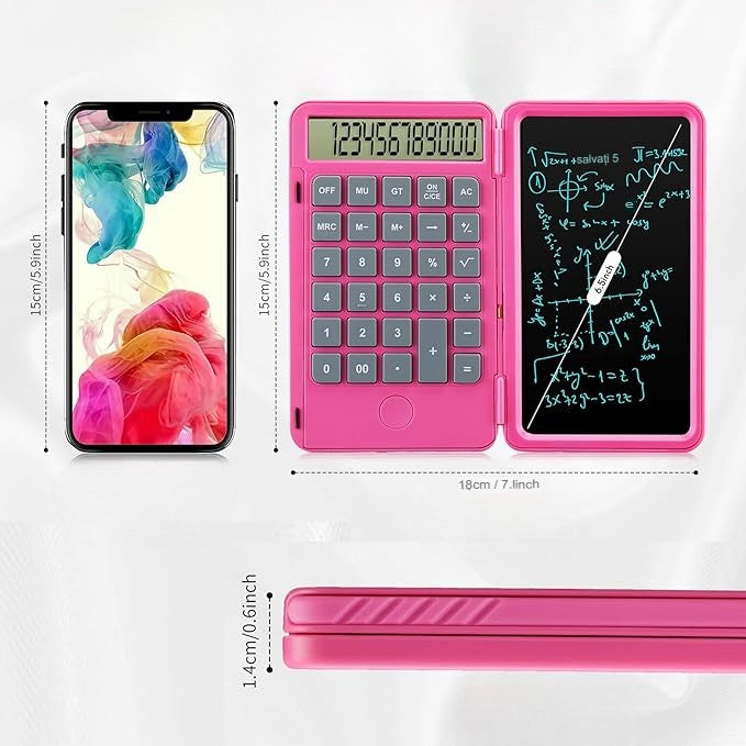 Calculator de Mana Reincarcabil cu Tabla de Scris, Flippy, Calculator Portabil, Ecran LCD, Afisaj cu 12 Cifre, Ecran de 15 cm, Culoare Roz-2