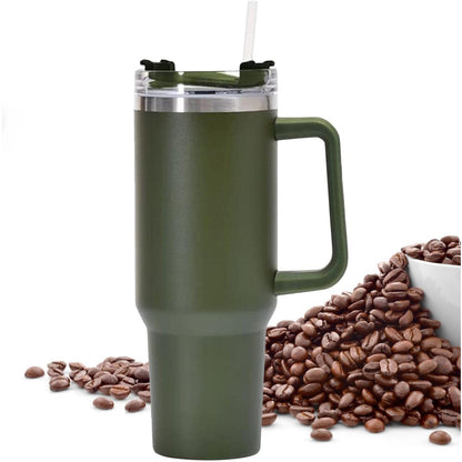 Cana Termos din Plastic, Flippy, pentru Bauturi Calde si Reci, cu Maner, 9.9x9.9x27 cm, Verde Army-2