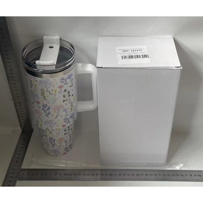 Cana Termos din Plastic, Flippy, pentru Bauturi Calde si Reci, cu Maner, Imprimeu Floral,  Alb, 10x7.6x27.5 cm-1
