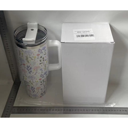 Cana Termos din Plastic, Flippy, pentru Bauturi Calde si Reci, cu Maner, Imprimeu Floral,  Alb, 10x7.6x27.5 cm-1