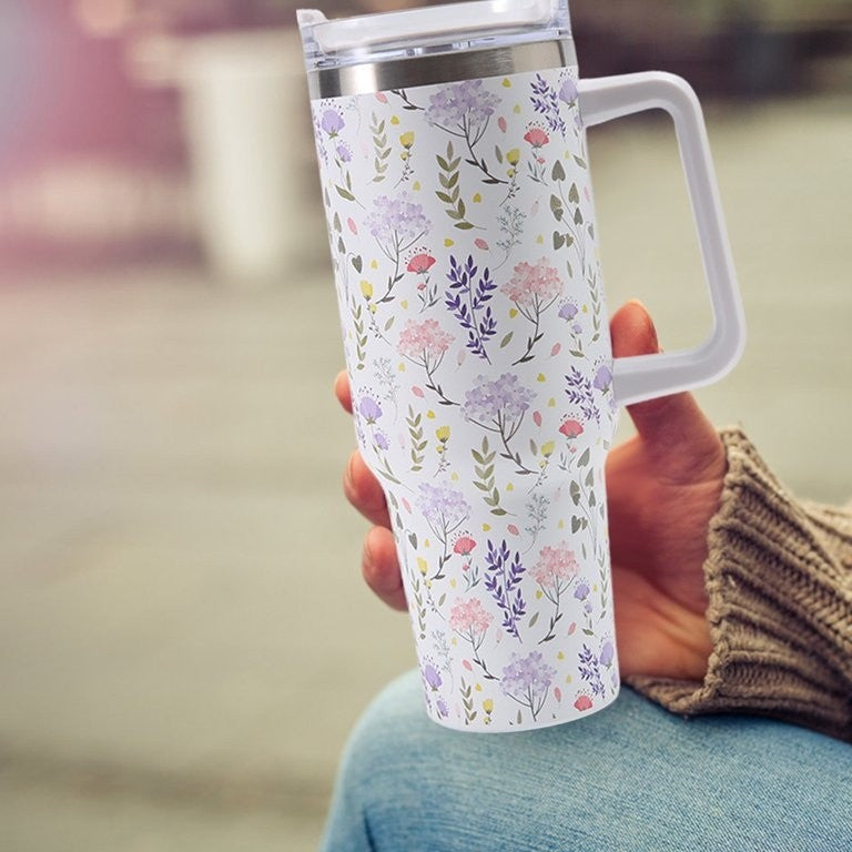 Cana Termos din Plastic, Flippy, pentru Bauturi Calde si Reci, cu Maner, Imprimeu Floral,  Alb, 10x7.6x27.5 cm-2