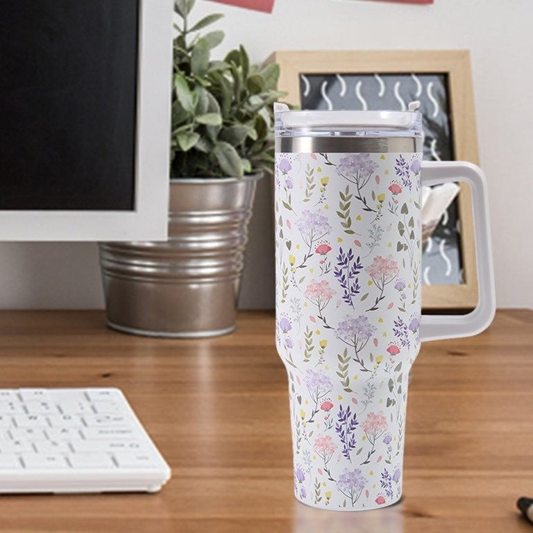 Cana Termos din Plastic, Flippy, pentru Bauturi Calde si Reci, cu Maner, Imprimeu Floral,  Alb, 10x7.6x27.5 cm-4