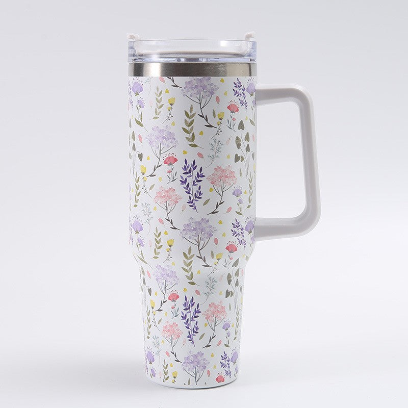 Cana Termos din Plastic, Flippy, pentru Bauturi Calde si Reci, cu Maner, Imprimeu Floral,  Alb, 10x7.6x27.5 cm-5