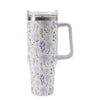 Cana Termos din Plastic, Flippy, pentru Bauturi Calde si Reci, cu Maner, Imprimeu Floral,  Alb, 10x7.6x27.5 cm-0
