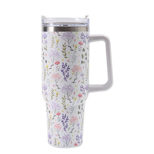 Cana Termos din Plastic, Flippy, pentru Bauturi Calde si Reci, cu Maner, Imprimeu Floral,  Alb, 10x7.6x27.5 cm-0
