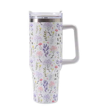 Cana Termos din Plastic, Flippy, pentru Bauturi Calde si Reci, cu Maner, Imprimeu Floral,  Alb, 10x7.6x27.5 cm-0