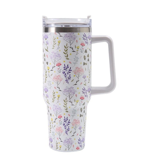 Cana Termos din Plastic, Flippy, pentru Bauturi Calde si Reci, cu Maner, Imprimeu Floral,  Alb, 10x7.6x27.5 cm-0
