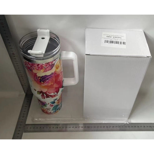 Cana Termos din Plastic, Flippy, pentru Bauturi Calde si Reci, cu Maner, Imprimeu Floral, cu Mesaj pentru Mama, Alb, 10x7.6x27.5 cm-1