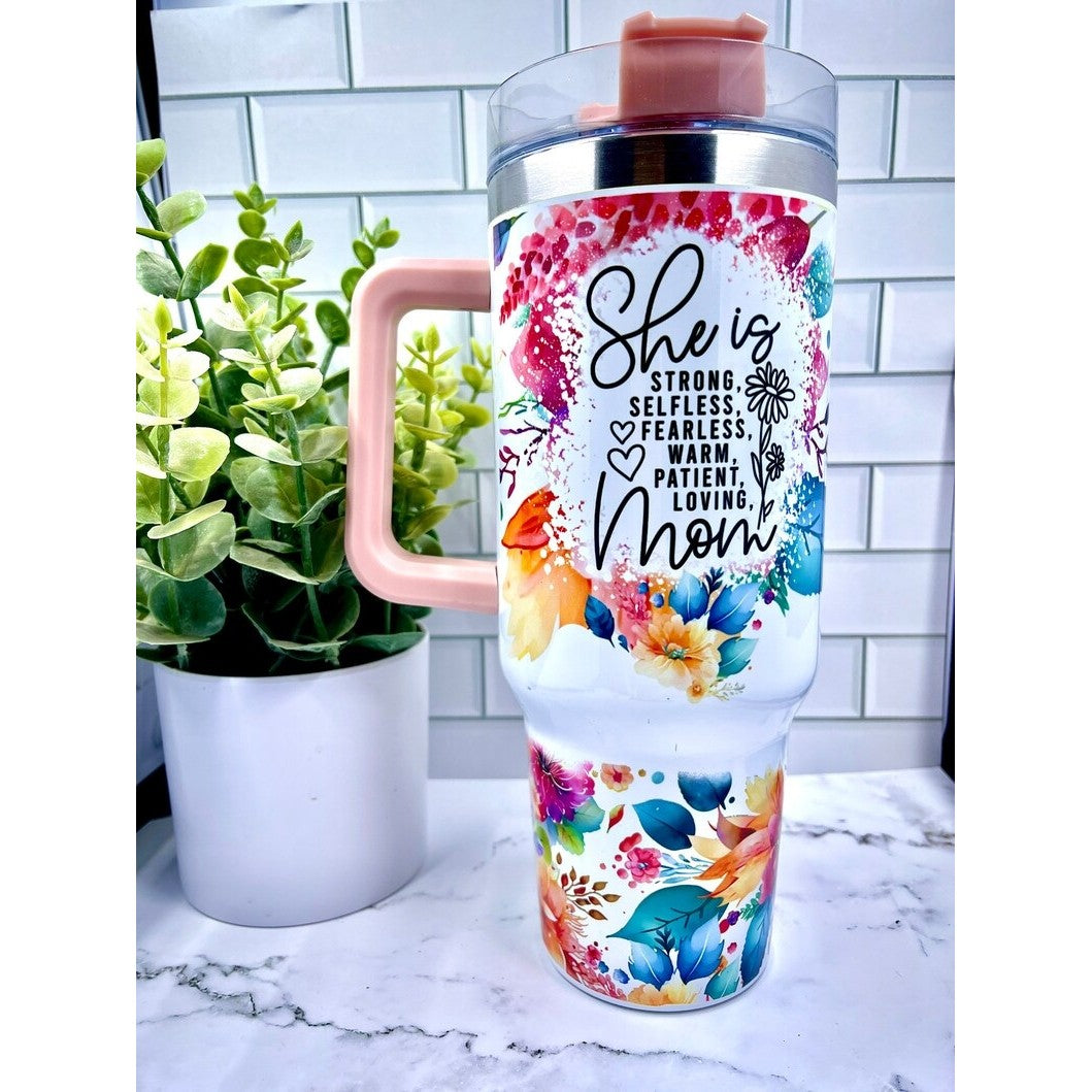 Cana Termos din Plastic, Flippy, pentru Bauturi Calde si Reci, cu Maner, Imprimeu Floral, cu Mesaj pentru Mama, Alb, 10x7.6x27.5 cm-2