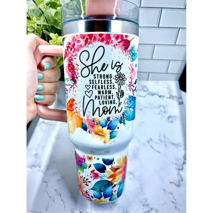 Cana Termos din Plastic, Flippy, pentru Bauturi Calde si Reci, cu Maner, Imprimeu Floral, cu Mesaj pentru Mama, Alb, 10x7.6x27.5 cm-3