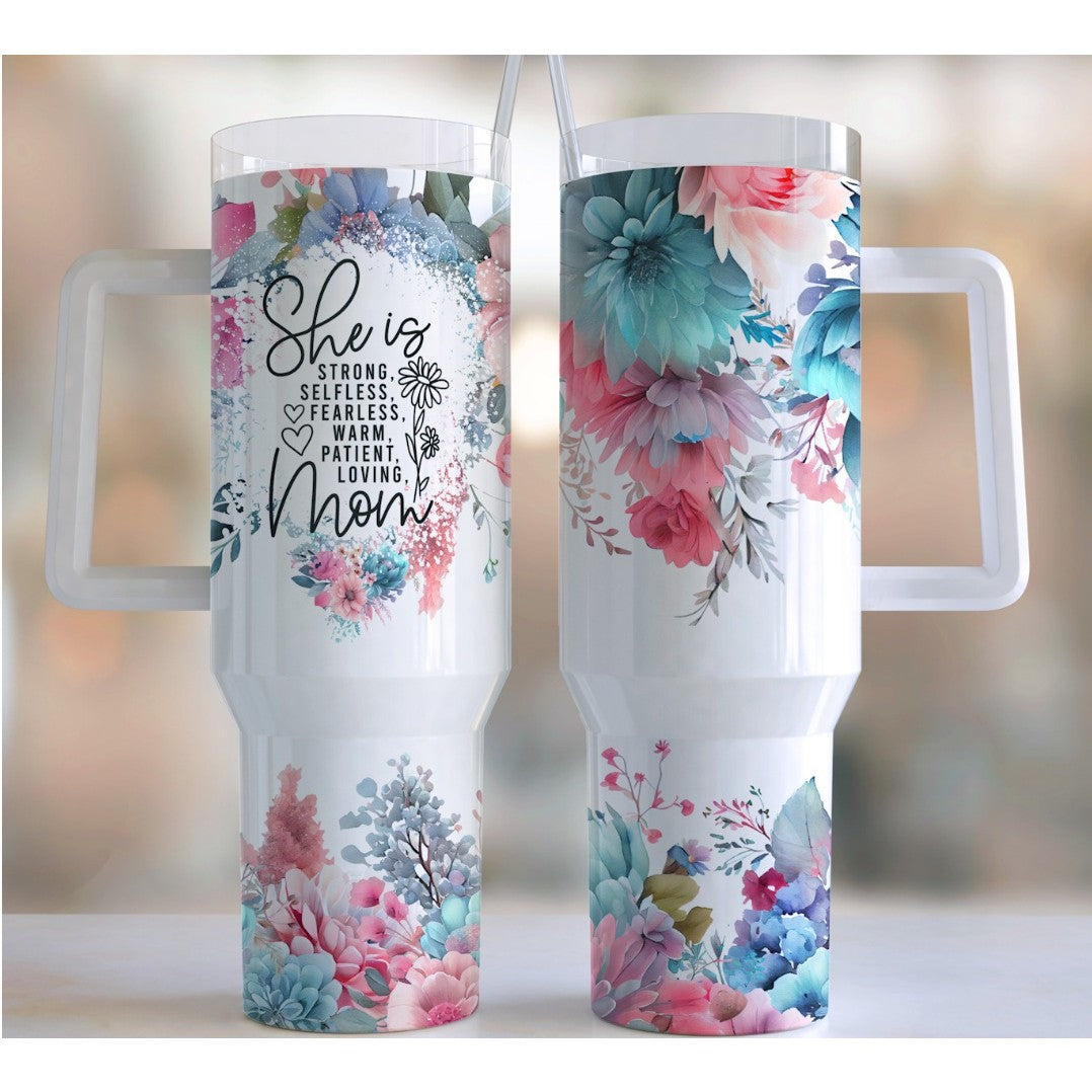 Cana Termos din Plastic, Flippy, pentru Bauturi Calde si Reci, cu Maner, Imprimeu Floral, cu Mesaj pentru Mama, Alb, 10x7.6x27.5 cm-5