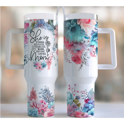 Cana Termos din Plastic, Flippy, pentru Bauturi Calde si Reci, cu Maner, Imprimeu Floral, cu Mesaj pentru Mama, Alb, 10x7.6x27.5 cm-5