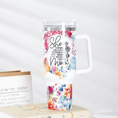 Cana Termos din Plastic, Flippy, pentru Bauturi Calde si Reci, cu Maner, Imprimeu Floral, cu Mesaj pentru Mama, Alb, 10x7.6x27.5 cm-6