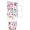 Cana Termos din Plastic, Flippy, pentru Bauturi Calde si Reci, cu Maner, Imprimeu Floral, cu Mesaj pentru Mama, Alb, 10x7.6x27.5 cm-0