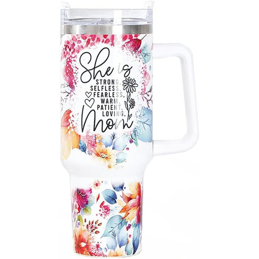 Cana Termos din Plastic, Flippy, pentru Bauturi Calde si Reci, cu Maner, Imprimeu Floral, cu Mesaj pentru Mama, Alb, 10x7.6x27.5 cm-0