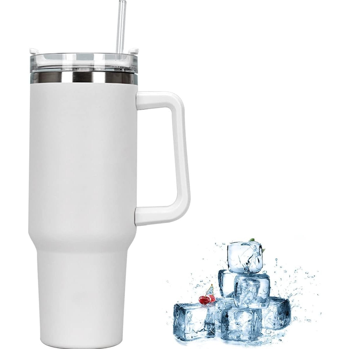 Cana Termos din Plastic, pentru Bauturi Calde si Reci, cu Maner, 9.9x9.9x27 cm, Alb-2