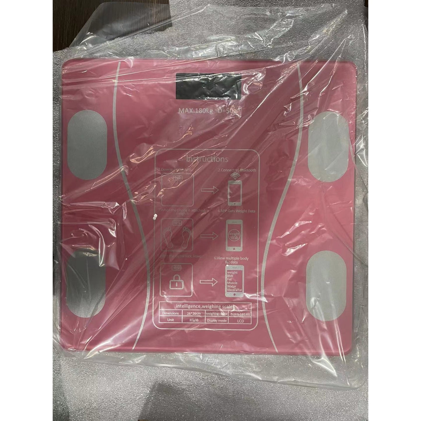 Cantar Electronic Inteligent De Baie Flippy Cu Aplicatie Smart, Corporal, Ecran Digital Iluminat, Termometru, Suporta Maxim 180 Kg, 26 x 26 cm, Baterii, Roz-2