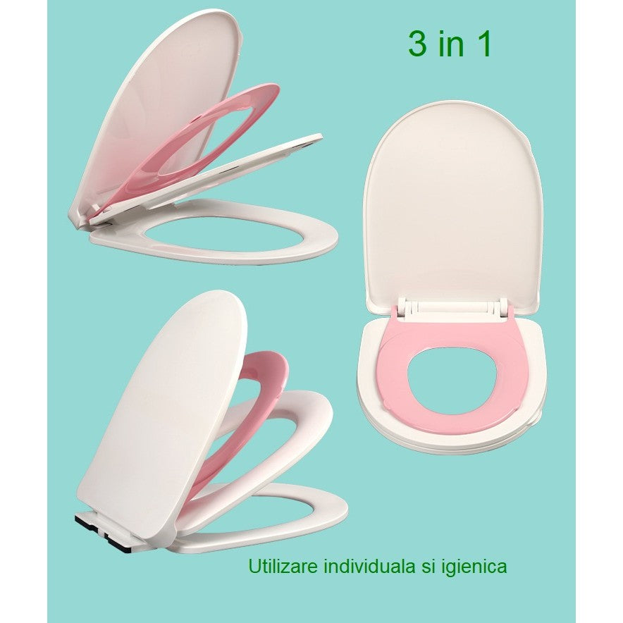 Capac de Toaleta cu Reductie 3 in 1, Flippy, pentru Copii +3 Ani si Adulti, Coborare Lenta si Silentioasa, Instalare Usoara, din PP5 , in Forma de U, Alb/Roz-2