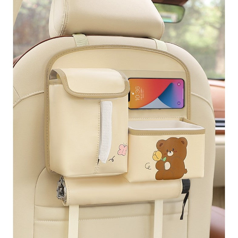 Geanta Multifunctionala de Depozitare, Flippy, pentru Bancheta din Spate a Masinii, Animat, Model Ursuleti, Scris Good Day, Suport Servetele si Telefon, 25x31 cm, Bej-2