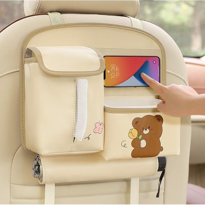 Geanta Multifunctionala de Depozitare, Flippy, pentru Bancheta din Spate a Masinii, Animat, Model Ursuleti, Scris Good Day, Suport Servetele si Telefon, 25x31 cm, Bej-3