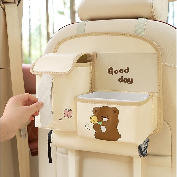 Geanta Multifunctionala de Depozitare, Flippy, pentru Bancheta din Spate a Masinii, Animat, Model Ursuleti, Scris Good Day, Suport Servetele si Telefon, 25x31 cm, Bej-4
