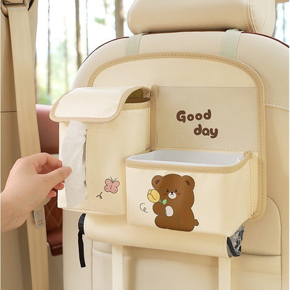Geanta Multifunctionala de Depozitare, Flippy, pentru Bancheta din Spate a Masinii, Animat, Model Ursuleti, Scris Good Day, Suport Servetele si Telefon, 25x31 cm, Bej-4