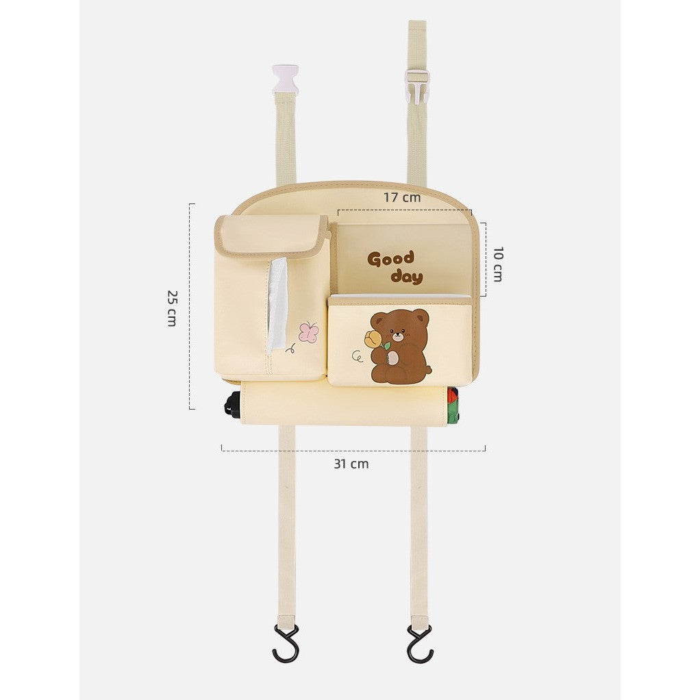 Geanta Multifunctionala de Depozitare, Flippy, pentru Bancheta din Spate a Masinii, Animat, Model Ursuleti, Scris Good Day, Suport Servetele si Telefon, 25x31 cm, Bej-5