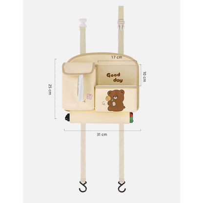 Geanta Multifunctionala de Depozitare, Flippy, pentru Bancheta din Spate a Masinii, Animat, Model Ursuleti, Scris Good Day, Suport Servetele si Telefon, 25x31 cm, Bej-5